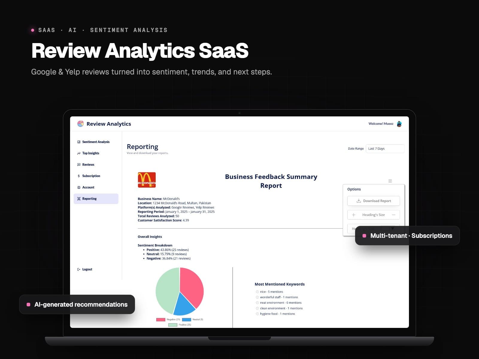 Google & Yelp Review Sentiment Analysis SaaS